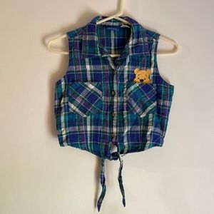 Vintage Disney Pooh Multi-Color Plaid Button Down Tie-Front Sleeveless Crop Top